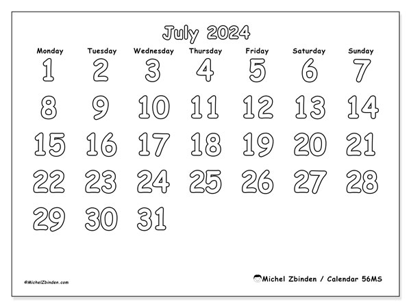Printable calendar, July 2024, 56MS