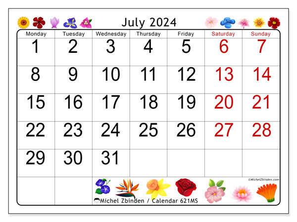 Calendar July 2024, 621MS. Free printable schedule.