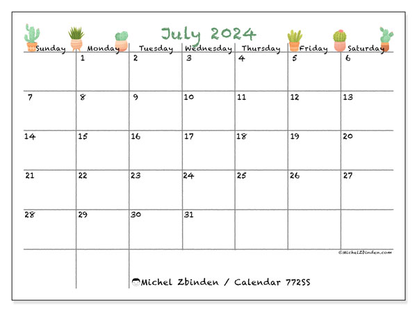 Calendar July 2024 “772”. Free printable plan.. Sunday to Saturday