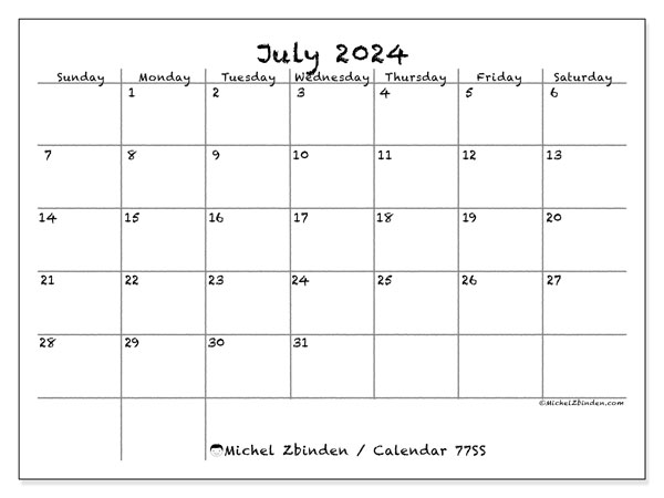 Printable calendar, July 2024, 77SS