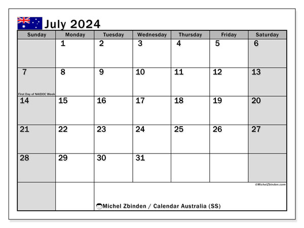 Kalender juli 2024 “Australië”. Gratis af te drukken agenda.. Zondag tot zaterdag