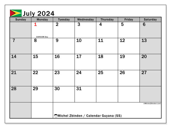 Kalender juli 2024 “Guyana”. Gratis printbaar schema.. Zondag tot zaterdag