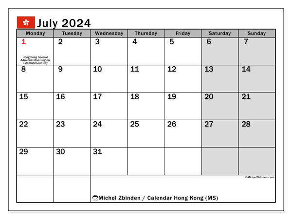 Hong Kong (MS), calendar July 2024, to print, free of charge.