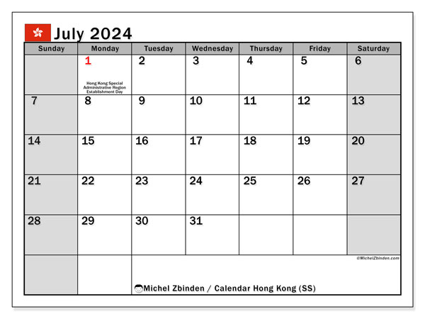 Kalender juli 2024 “Hong Kong”. Gratis afdrukbare kalender.. Zondag tot zaterdag