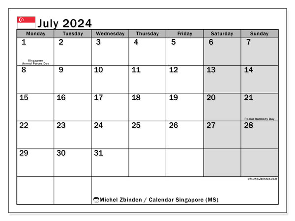 Kalender juli 2024 “Singapore”. Gratis afdrukbare kalender.. Maandag tot zondag