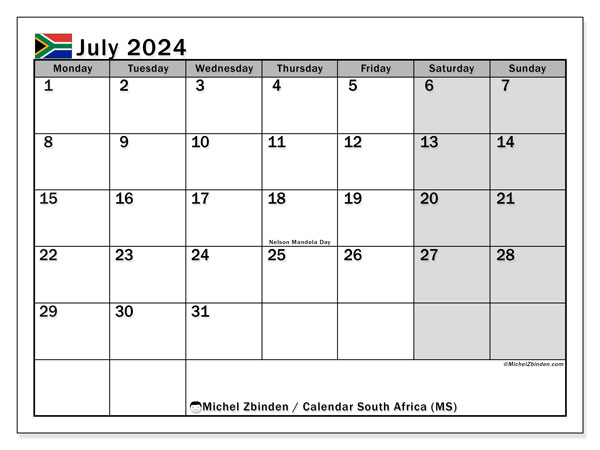 Kalender juli 2024 “Zuid-Afrika”. Gratis printbare kaart.. Maandag tot zondag