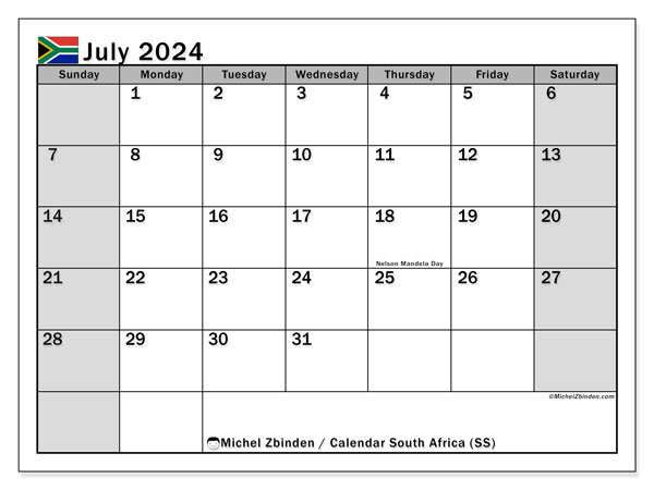 Kalender juli 2024 “Zuid-Afrika”. Gratis printbare kaart.. Zondag tot zaterdag