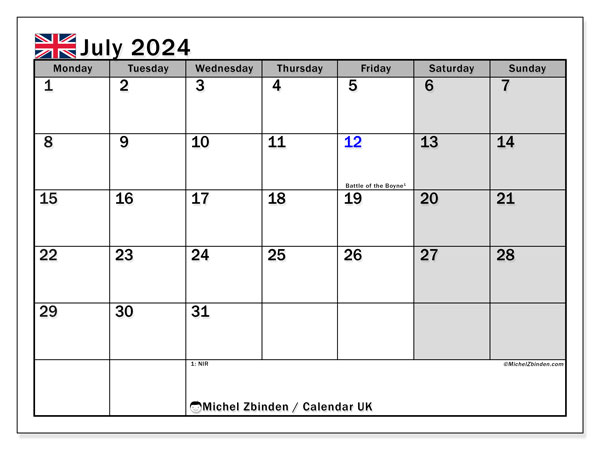 Printable calendar, July 2024, United Kingdom