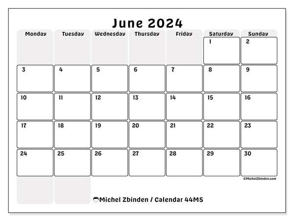 Calendar June 2024, 44SS. Free printable plan.