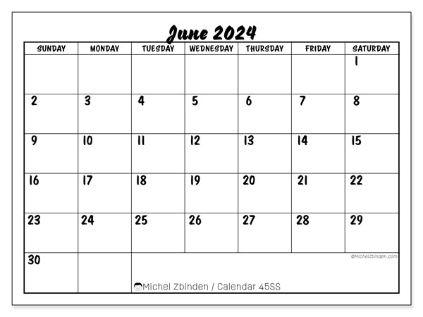 Calendar June 2024 “45”. Free printable program.. Sunday to Saturday