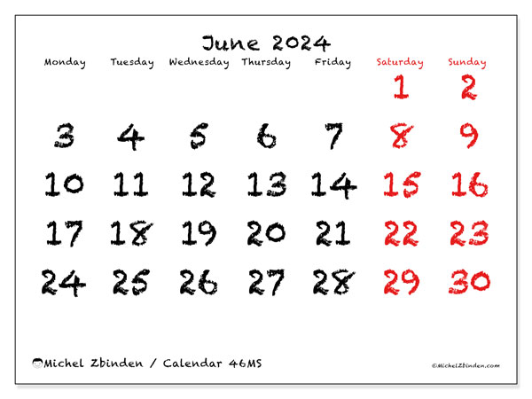 Calendar June 2024, 46MS. Free printable plan.