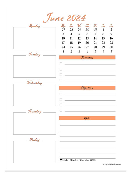 Calendar June 2024, 47SS. Free printable schedule.