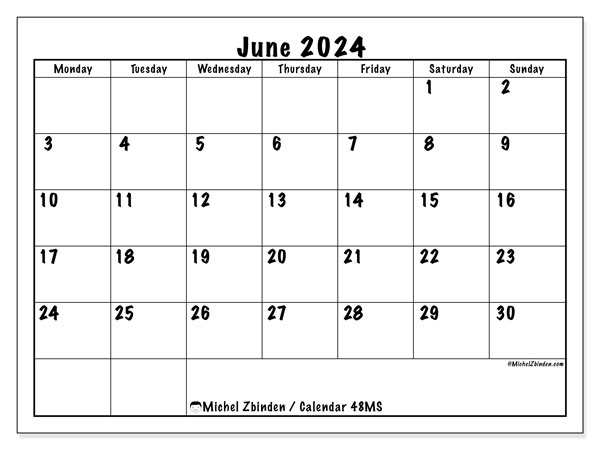 Calendar June 2024, 48SS. Free printable schedule.