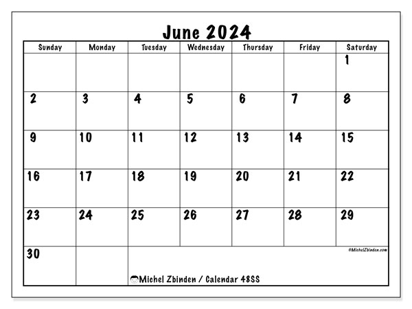 Printable calendar, June 2024, 48SS