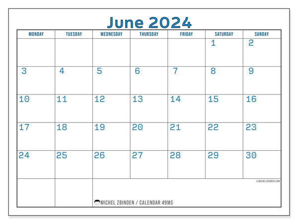 Calendar June 2024, 49MS. Free printable plan.