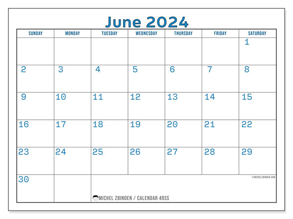 Printable calendar, June 2024, 49SS