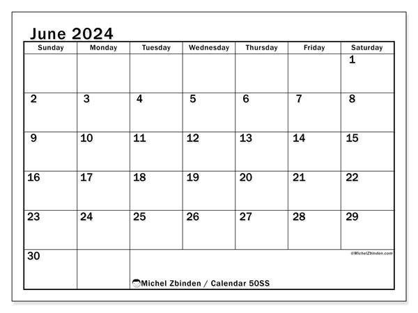 Printable calendar, June 2024, 50SS