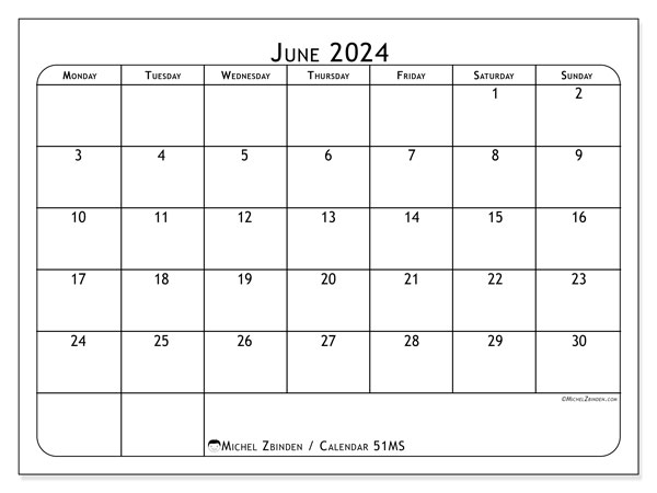 Calendar June 2024, 51SS. Free printable plan.
