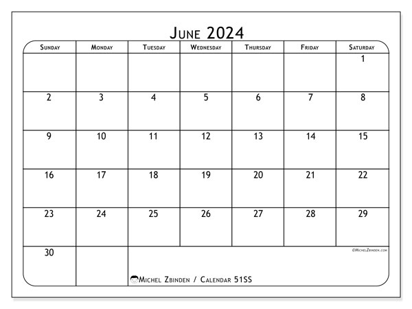 Calendar June 2024 “51”. Free printable schedule.. Sunday to Saturday