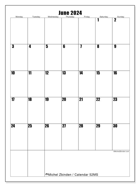 Printable calendar, June 2024, 52MS