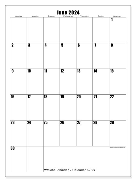 Printable calendar, June 2024, 52SS