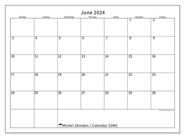 Calendar June 2024, 53SS. Free printable schedule.