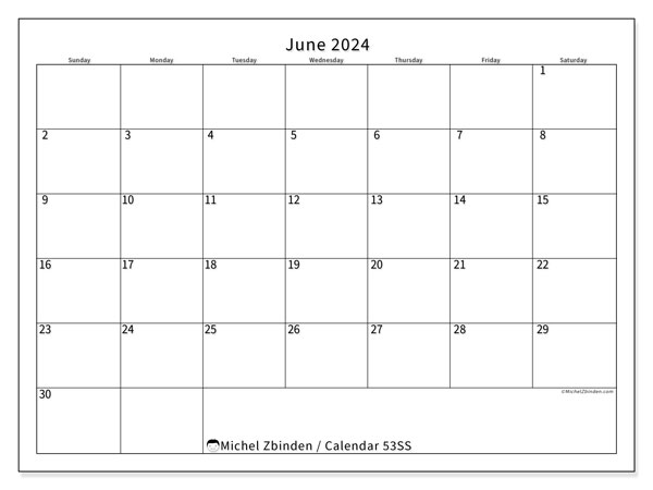 Printable calendar, June 2024, 53SS