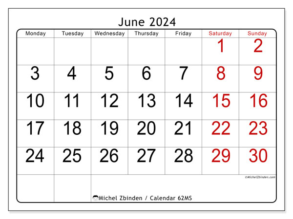 Printable calendar, June 2024, 62MS