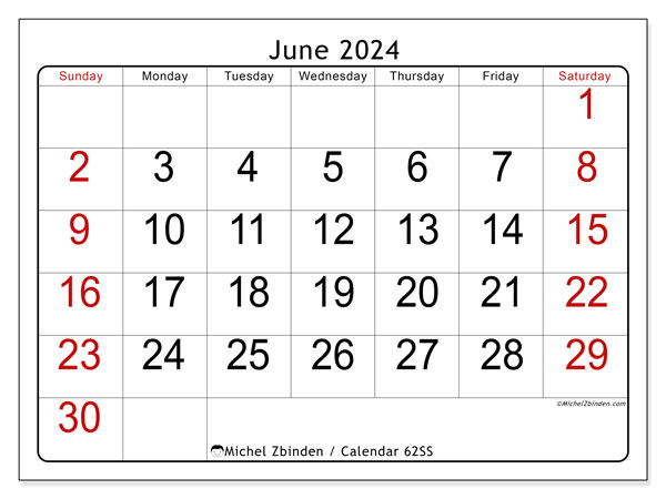Printable calendar, June 2024, 62SS