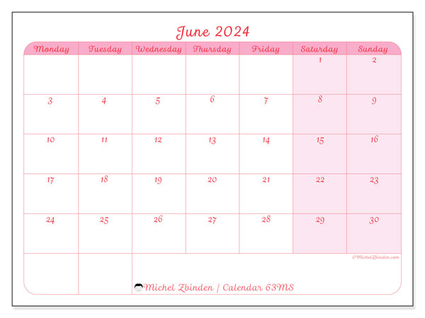 Printable calendar, June 2024, 63MS