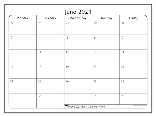 Calendar June 2024 “74”. Free printable schedule.. Monday to Friday