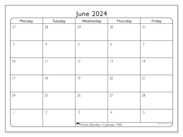 Calendar June 2024, 74SS. Free printable schedule.