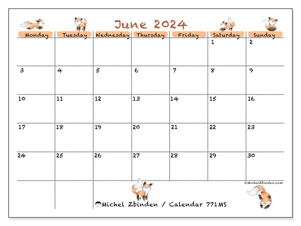 Printable calendar, June 2024, 771MS