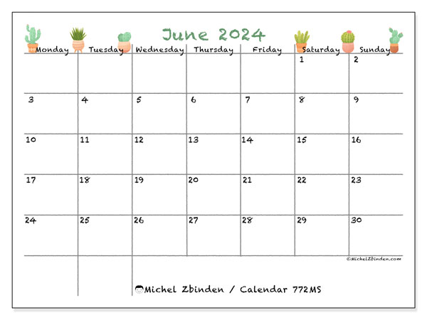 Calendar June 2024, 772MS. Free printable plan.