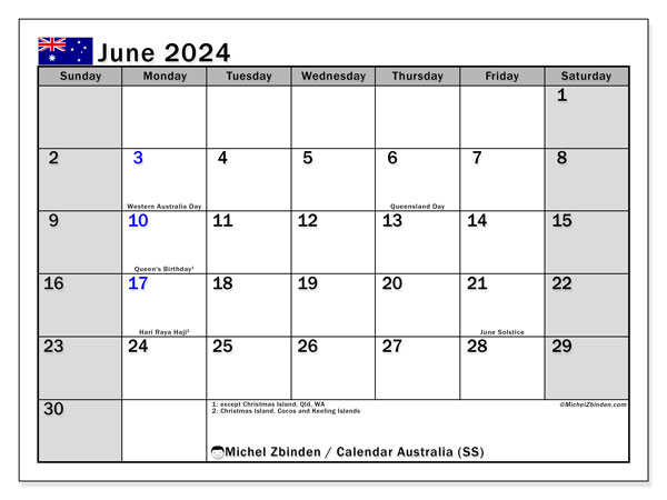 Calendario giugno 2024 “Australia”. Piano da stampare gratuito.. Da domenica a sabato