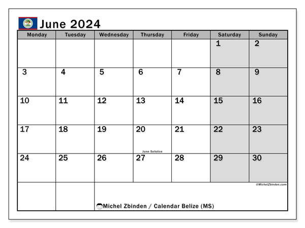 Calendario junio 2024, Belice (EN). Diario para imprimir gratis.
