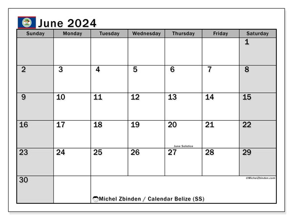 Kalender Juni 2024 “Belize”. Plan zum Ausdrucken kostenlos.. Sonntag bis Samstag