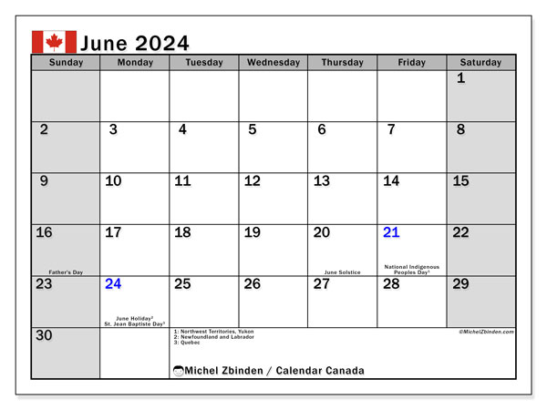 Calendario junio 2024, Canadá (EN). Diario para imprimir gratis.