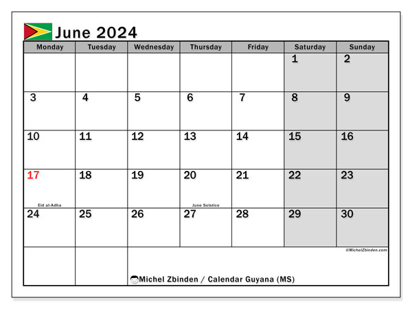 Kalender Juni 2024 “Guyana”. Plan zum Ausdrucken kostenlos.. Montag bis Sonntag