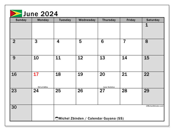 Kalender Juni 2024 “Guyana”. Plan zum Ausdrucken kostenlos.. Sonntag bis Samstag