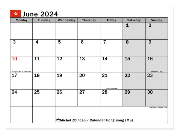 Calendario junio 2024, Hong Kong (EN). Diario para imprimir gratis.