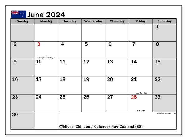Calendario giugno 2024 “Nuova Zelanda”. Orario da stampare gratuito.. Da domenica a sabato