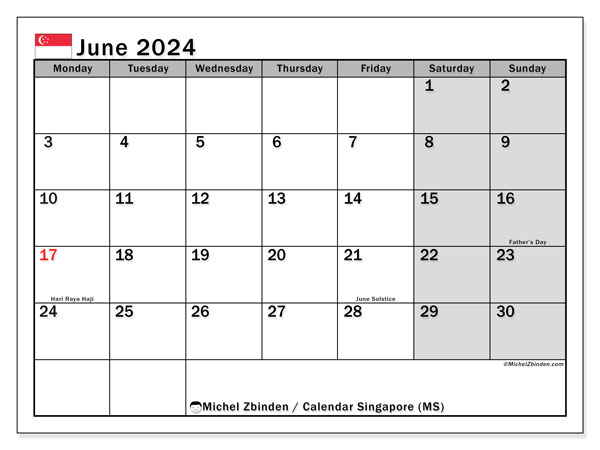 Kalender Juni 2024 “Singapur”. Programm zum Ausdrucken kostenlos.. Montag bis Sonntag