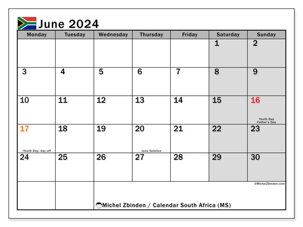 Kalender Juni 2024 “Südafrika”. Plan zum Ausdrucken kostenlos.. Montag bis Sonntag