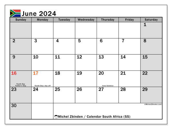 Calendario giugno 2024 “Sudafrica”. Piano da stampare gratuito.. Da domenica a sabato