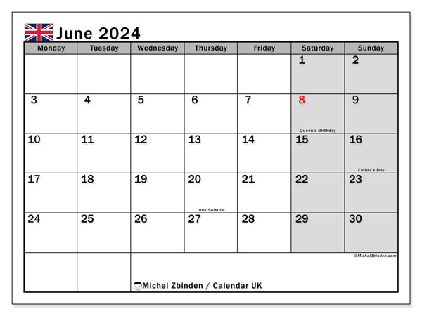 Printable calendar, June 2024, United Kingdom
