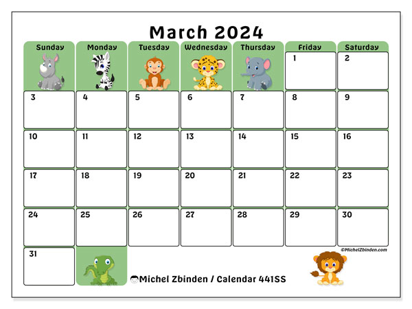 Calendar March 2024 “441”. Free printable plan.. Sunday to Saturday