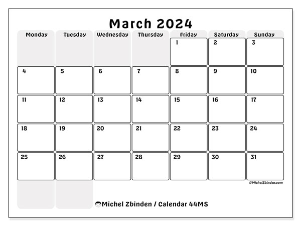 Calendar March 2024, 44SS. Free printable calendar.