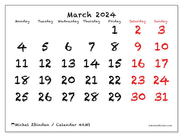 Printable calendar, March 2024, 46MS
