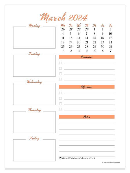 Calendar March 2024 “47”. Free printable program.. Monday to Sunday
